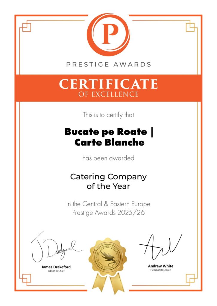 Prestige Awards 2025/26 1 - Bucate pe Roate Certificat Prestige Awards 2025/26 - Bucate pe Roate Carte Blanche - Catering Company of the Year Central Eastern Europe